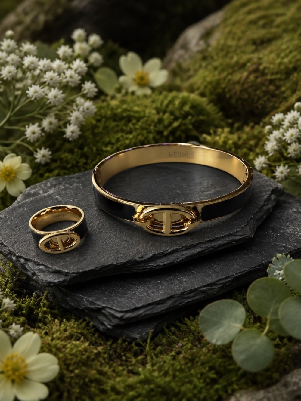 Black and Gold Enamel Clic H Bracelet with Matching Ring
